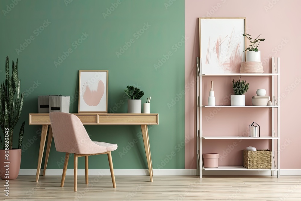 A contemporary room with a chair and a spot to mock up your idea. both a table and a shelf. vibrant wall. in a cap, a plant. Generative AI A contemporary room with a chair and a spot to mock up your idea. both a table and a shelf. vibrant wall. in a cap, a plant. Generative AI