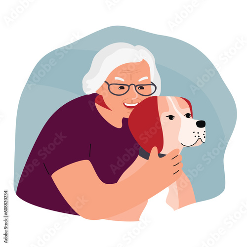 Elderly woman with a dog.Smiling female character hugs a pet with love and care. A gray-haired old lady with glasses.Grandmother with cute animal .Vector cartoon flat style illustration on white.