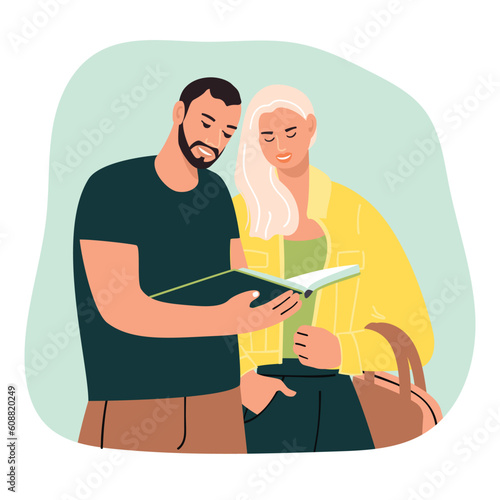 Happy boy and girl reading a book together.Smiling students with a textbook in their hands.Man and woman with a storybook.Colorful characters have fun.Vector flat illustration on white background.
