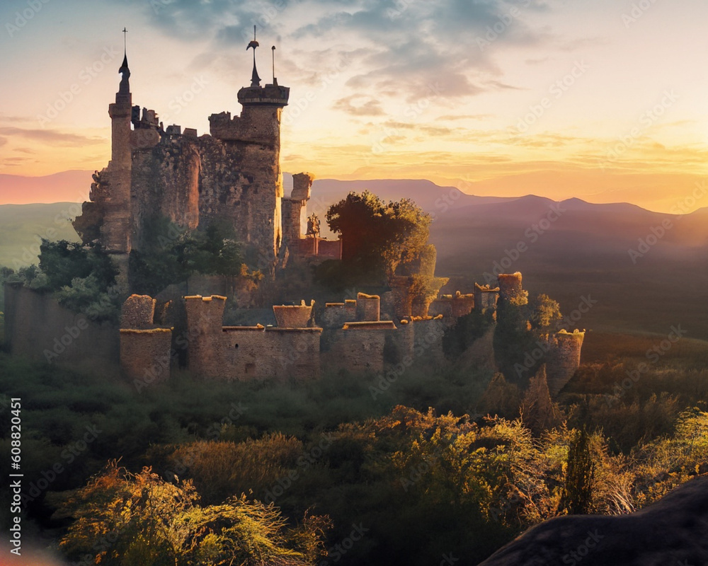 Fototapeta premium Castle on top of the mountain created by generative AI