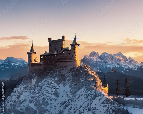 castle on top of the hill surrounded by snow. image generative AI