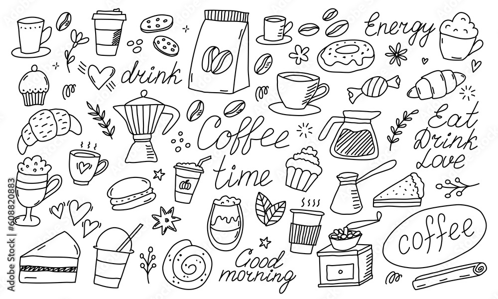 Doodle coffee shop icons. Outline hand drawn