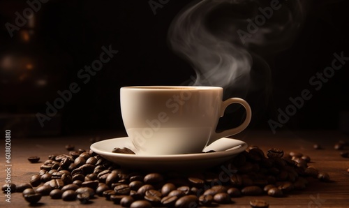  a steaming cup of coffee on a saucer surrounded by coffee beans. generative ai