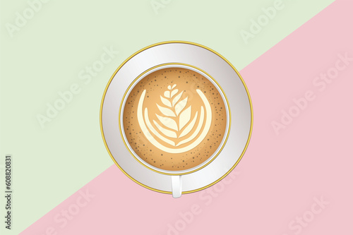 Vector Realistic Milk Foam Coffee with heart lines  in white Ceramic, Coffee Mug on colorful background. Capuccino, Latte. Concept Creative Banner with Coffee Cup. Design Template. Top View