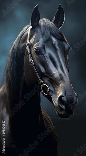 Portrait of a black horse, close-up. vertically. Generative AI