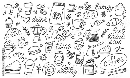 Doodle coffee shop icons. Outline hand drawn