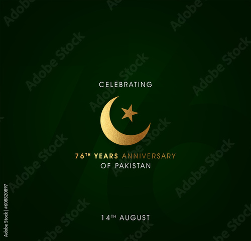 Celebrating 76th years Anniversary of Pakistan crescent gold moon. green background. 3d rendering illustration. 