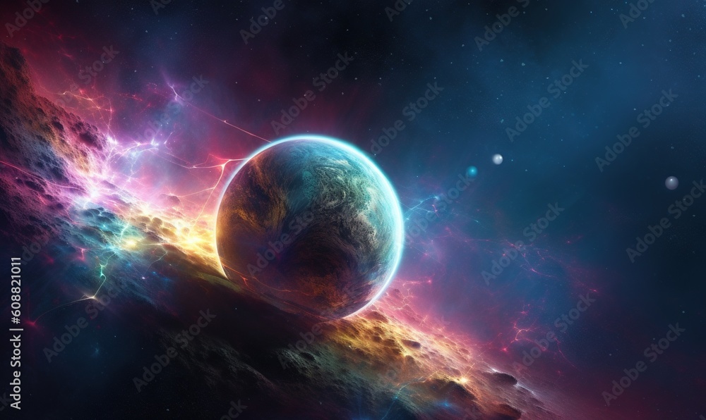 Fototapeta premium a colorful space scene with a planet in the foreground. generative ai