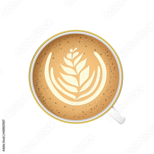 Vector Realistic Milk Foam Coffee in white Ceramic, Coffee Mug on white background. Capuccino, Latte. Concept Creative Banner with Coffee Cup. Design Template. Top View