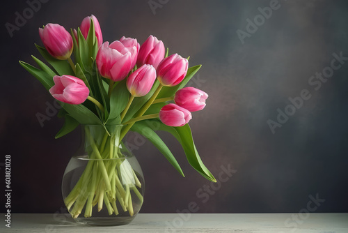 pink tulips in vase on table #608821028