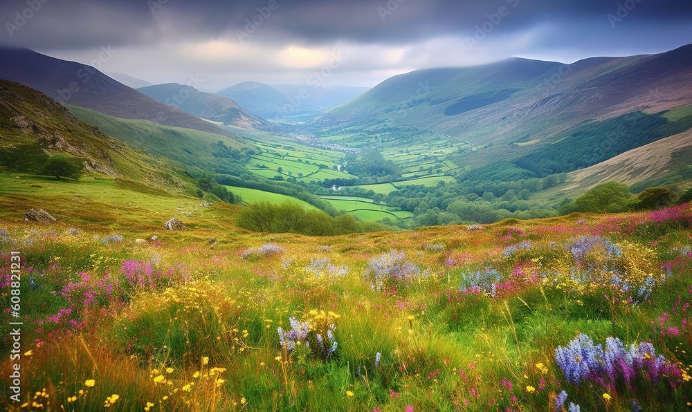  a field of wildflowers in a valley with mountains in the background.  generative ai