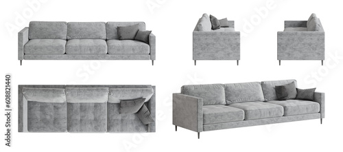 Cuadro en lienzo Set of five views of a contemporary three-seater sofa with a light gray fabric cover, gray pillows, and black legs