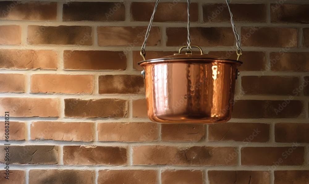  a copper hanging pot on a brick wall with a chain.  generative ai