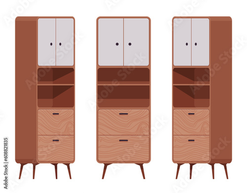 Cupboard furniture set in natural brown. Functional kitchen buffet, laundry, pantry display cabinet or utility room stuff storage. Vector flat style cartoon home, office isolated, white background