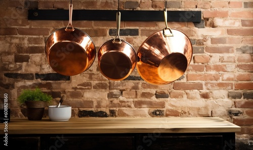  three copper pans hanging from a brick wall next to a pot.  generative ai photo
