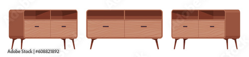 Sideboard buffet credenza, low storage cabinet set. Solid wood dining, living room, condo or kitchen functional furniture. Vector flat style cartoon home, office piece isolated on white background