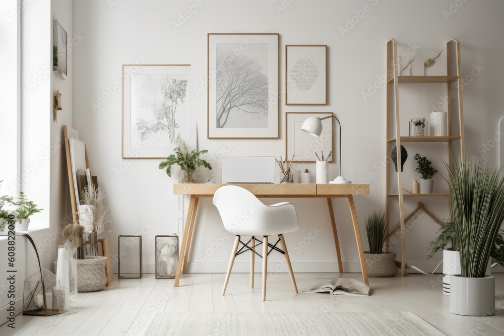 A chic home office room with a Scandinavian design featuring a wooden desk a brown chair plants and various office and personal accessories. presenting a modern neutral home. Generative AI Stock Illus...
