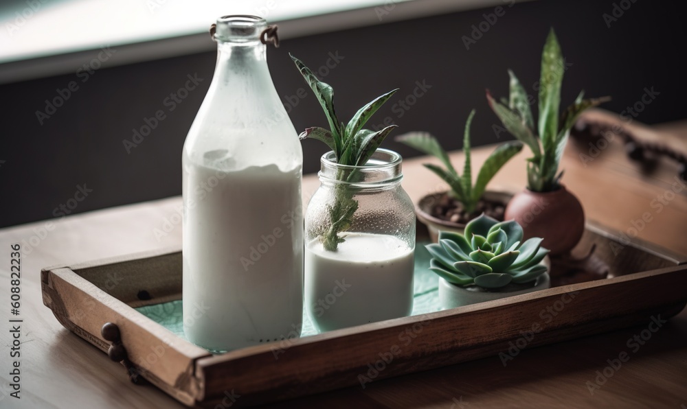 a wooden tray topped with two bottles of milk and plants. generative ai a wooden tray topped with two bottles of milk and plants. generative ai