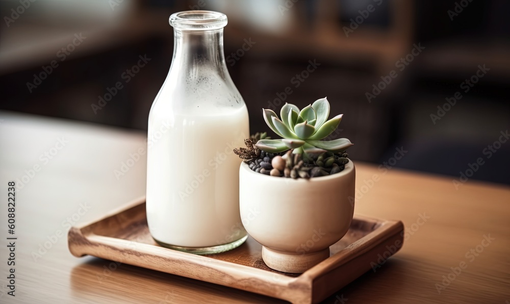 a bottle of milk and a small plant on a tray. generative ai a bottle of milk and a small plant on a tray. generative ai