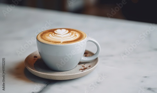  a cappuccino on a saucer on a marble table. generative ai