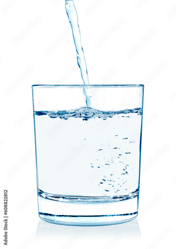 clear water being poured into a glass cup isolated on white background clear water being poured into a glass cup isolated on white background