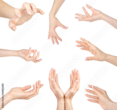 Collage of woman Hands gestures set, on white background.