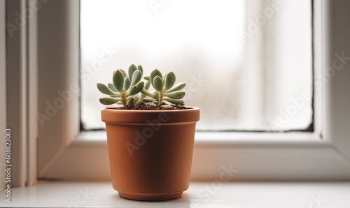  a small potted plant sitting on a window sill. generative ai