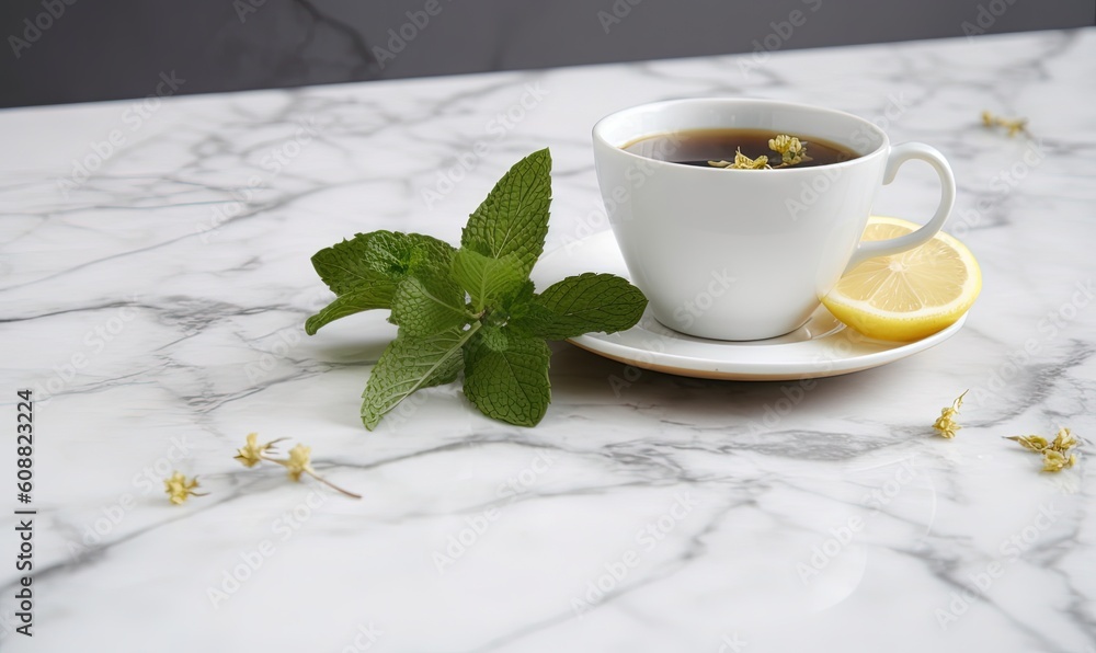 a cup of tea with lemon and mint on a marble table. generative ai a cup of tea with lemon and mint on a marble table. generative ai