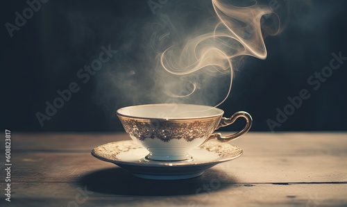  a steaming cup on a saucer on a wooden table. generative ai