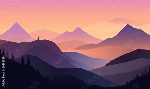  a landscape of mountains with trees and a pink sky in the background.  generative ai © Olga