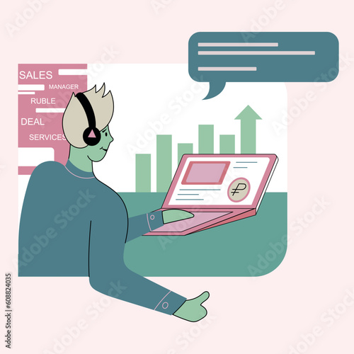 The sales manager is sitting at a desk with a laptop in headphones. Vector illustration in flat style of person of finance manager profession with money and a schedule for the design of website