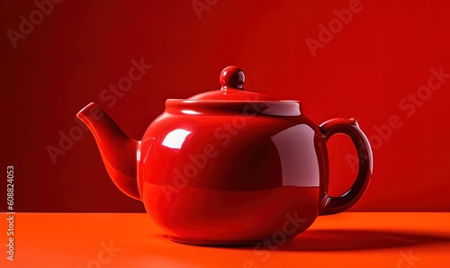  a red teapot sitting on top of an orange table. generative ai