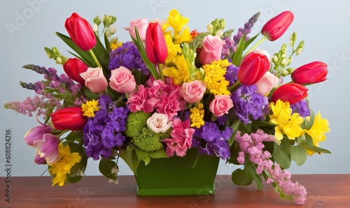 Wallpaper Mural  a vase filled with lots of colorful flowers on top of a table.  generative ai Torontodigital.ca