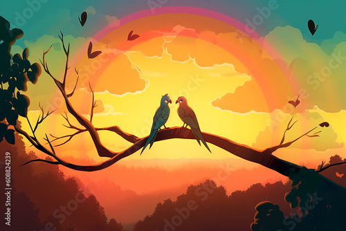 A cartoony image of two lovebirds sitting on a heart-shaped tree branch, with the sun setting in the background and rainbows in the sky.