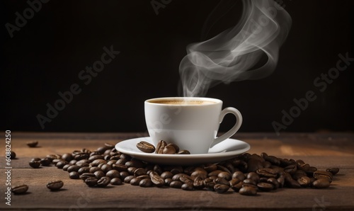  a cup of coffee with steam rising out of it on a saucer surrounded by coffee beans. generative ai