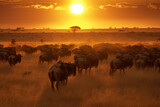 A herd of animated wildebeests stampede across a vast African savannah, their brassy horns reflecting the vibrant sunset.