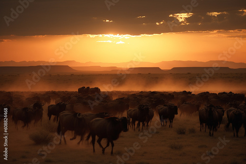 A herd of animated wildebeests stampede across a vast African savannah, their brassy horns reflecting the vibrant sunset. © Mosaic Media