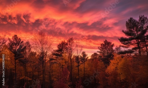  a red sky with clouds and trees in the foreground.  generative ai © Anna