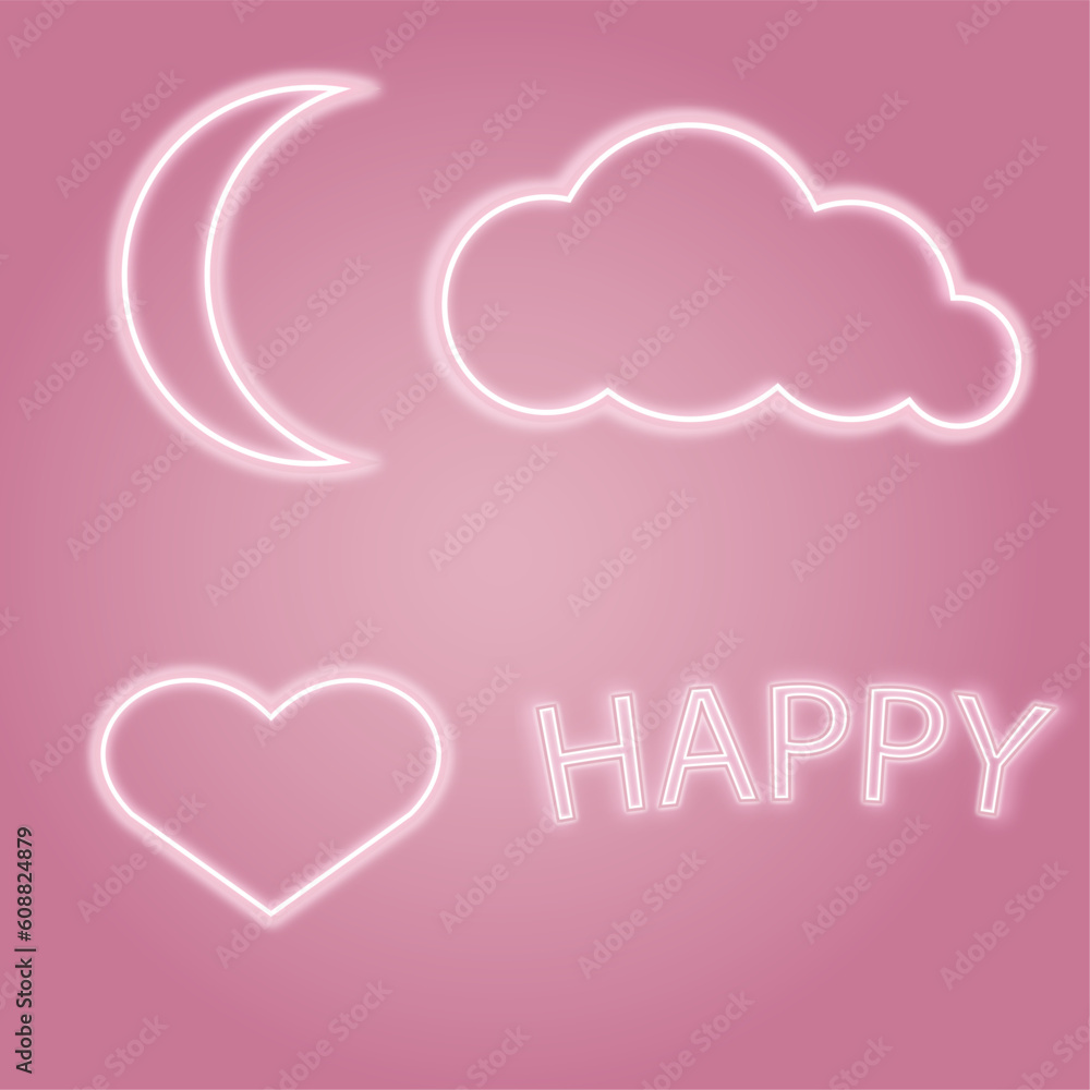 neon aesthetic icons on pink background vector. gradient heart, cloud. happy, moon neon aesthetic icons on pink background vector. gradient heart, cloud. happy, moon