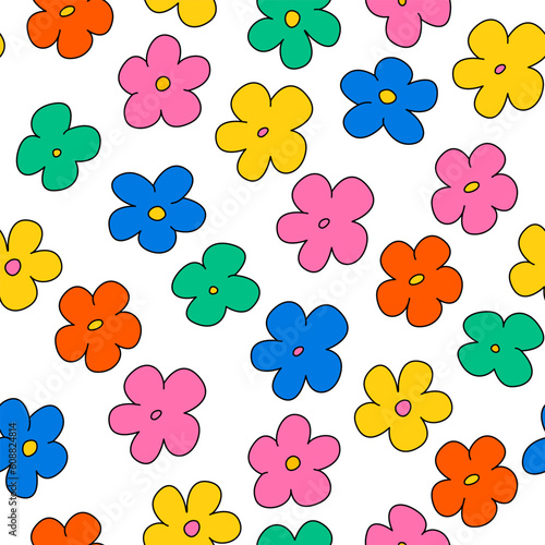 Cute hippie and groovy seamless pattern with colorful daisy flowers. Retro floral background