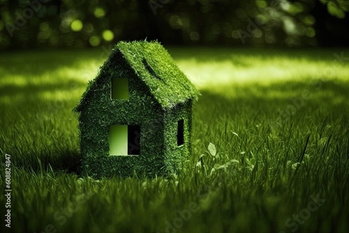 On the verdant grass, there is a little Eco House. Generative AI