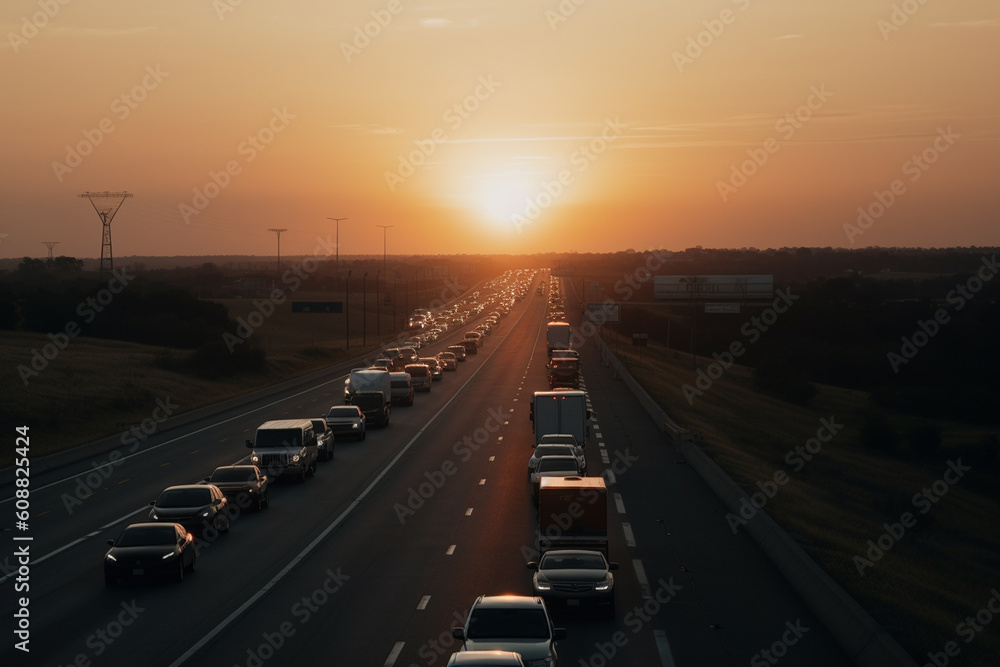 A long stretch of highway stretches out before you, dotted with cars and trucks of all shapes and sizes. The sun is setting in the horizon, casting a cinematic orange glow across the landscape.