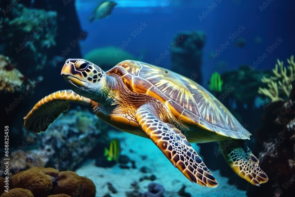 The sea turtle Bissa swims among the corals on the seabed. Photorealistic illustration generative AI.