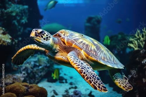 The sea turtle Bissa swims among the corals on the seabed. Photorealistic illustration generative AI.