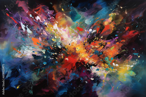 A photorealistic abstract painting of a rapidly changing sky, with bold colors and chaotic shapes blending together in a captivating dance of light and dark.