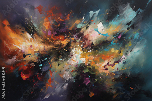 A photorealistic abstract painting of a rapidly changing sky, with bold colors and chaotic shapes blending together in a captivating dance of light and dark. © Mosaic Media