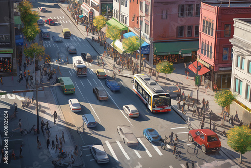 A photorealistic image of a bustling city street filled with a variety of different transportation methods.
