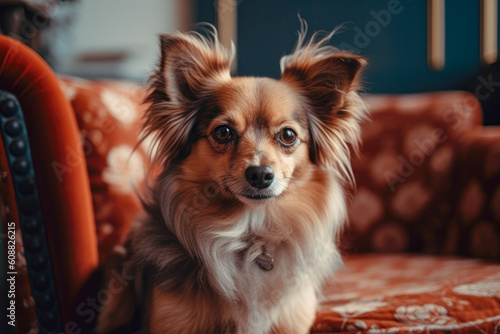 portrait of сute chihuahua dog at home. Dog in the city apartments. Generative AI © zamuruev