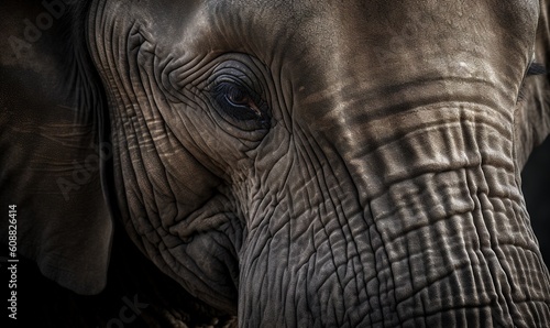  a close up of an elephant's face with a black background. generative ai