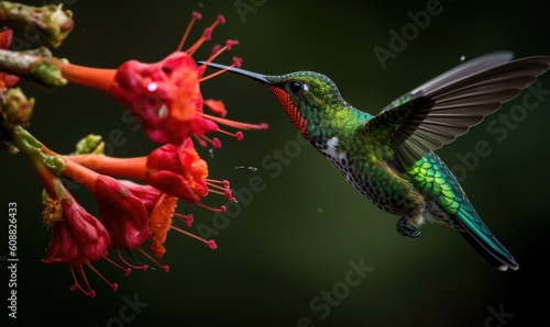  a hummingbird hovering over a flower with its beak open.  generative ai © Olga